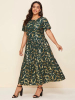 Women Plus Size Gold Print Ruffle Hem Dress