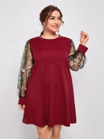 Women Plus Size Embroidery Mesh Sleeve Tee Dress