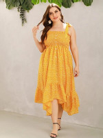 Women Plus Size Button Front Shirred Ruffle Hanky Hem Ditsy Floral Sundress