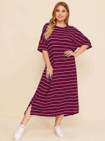 Women Plus Size Split High Low Hem Striped Tee Dress