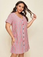 Women Plus Size Pocket Patched Button Front Striped Dress