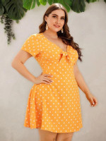Women Plus Size Polka Dot Bow Front Dress