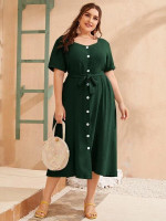 Women Plus Size Button Front Belted A-line Dress