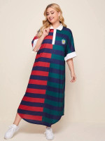 Women Plus Size Daisy Floral Embroidered Colorblock Striped Polo Dress