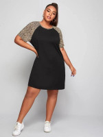 Women Plus Size Leopard Raglan Sleeve Tee Dress