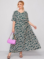 Women Plus Size Allover Plants Print Maxi Babydoll Dress