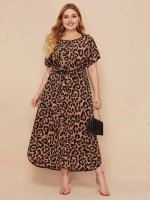 Women Plus Size Batwing Sleeve Belted Leopard Dress