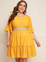 Women Plus Size V-neck Frill Flounce Sleeve A-line Dress Without Belted