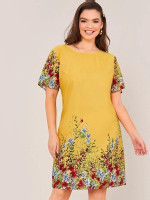Women Plus Size Botanical Print Tunic Dress