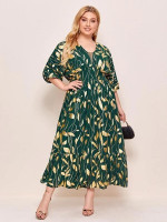 Women Plus Size Plants Print Ruffle Hem A-line Dress