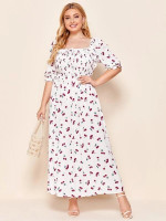 Women Plus Size Cherry Print Ruffled Smocked Maxi Dress