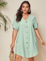 Women Plus Size Notched Neck Button Front Rolled Tab Sleeve Dress