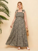 Women Plus Size Chiffon Dalmatian Shirred Maxi Slip Dress