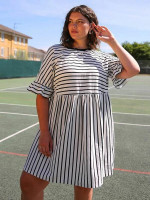 Women Plus Size Ruffle Cuff Striped Smock Dress