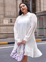 Women Plus Size Collared Buttoned Front Ruffle Hem Dress