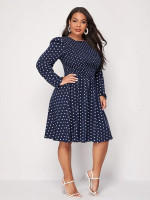 Women Plus Size Polka Dot Shirred A-Line Dress