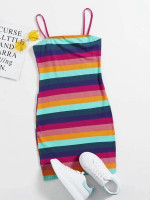 Women Plus Size Rainbow Striped Slip Dress