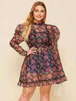 Women Plus Size Gigot Sleeve Ruffle Hem Floral Organza Sheer Dress