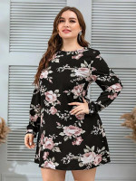Women Plus Size Floral Print Crew Neck Dress