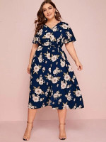Women Plus Size Floral Print V-neck A-line Dress