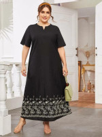 Women Plus Size Notched Neck Floral Embroidery Dress