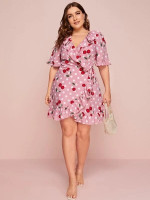 Women Plus Size Cherry & Polka-dot Print Ruffle Trim Belted Dress