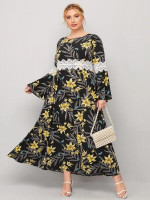 Women Plus Size Contrast Lace Panel Allover Floral Dress