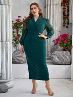 Women Plus Size Swiss Dot Contrast Mesh Bishop Sleeve Split Hem Glitter Dress