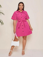 Women Plus Size Button Through Belted Utility Dress
