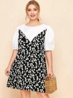 Women Plus Size Puff Sleeve Colorblock Daisy Floral Dress