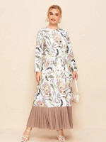 Women Plus Size Contrast Pleated Hem Feather Print Belted Dress