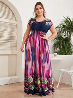 Women Plus Size Tie Dye Floral Print Shirred Waist Floor Dress