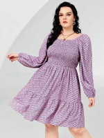 Women Plus Size Ditsy Floral Print Shirred Ruffle Hem Dress