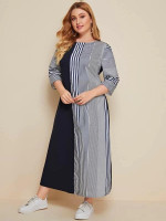 Women Plus Size Zipper Back Colorblock Striped Dress
