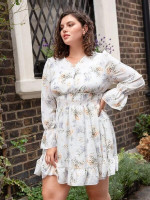 Women Plus Size Floral Shirred Waist Ruffle Hem Dress