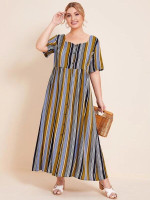 Women Plus Size Button Front Colorful Striped A-line Dress
