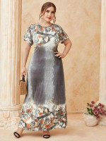 Women Plus Size Rose & Graphic Print A-line Dress