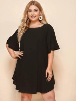 Women Plus Size Flounce Sleeve Curved Hem Tunic Dress