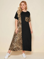 Women Plus Size Contrast Leopard Print Pocket Front Tee Dress