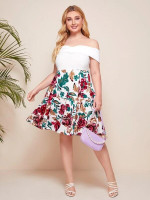 Women Plus Size Foldover Off Shoulder Boxy Pleated Floral Dress