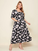 Women Plus Size Cuffed Patch Pocket Allover Floral Dress