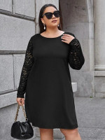 Women Plus Size Lace Sleeve Scallop Edge Button Back Dress