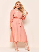 Women Plus Size Schiffy Frill Trim Ruched Front Self Belted Dress