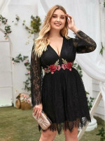 Women Plus Size Plunging Neck Embroidered Flower Applique Lace Overlay Dress