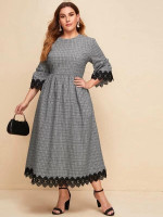Women Plus Size Guipure Lace Trim Bell Sleeve Glen Plaid Dress