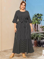 Women Plus Size Striped Belted Maxi Dress