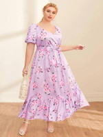 Women Plus Size Floral Print Belted Dress