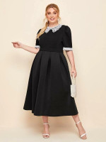 Women Plus Size Peter-pan Collar Contrast Lace Detail Boxy Pleated Dress