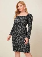 Women Plus Size Ditsy Floral Square Neck Puff Sleeve Dress
