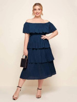 Women Plus Size Pleat Layered Ruffle Trim Bardot Dress